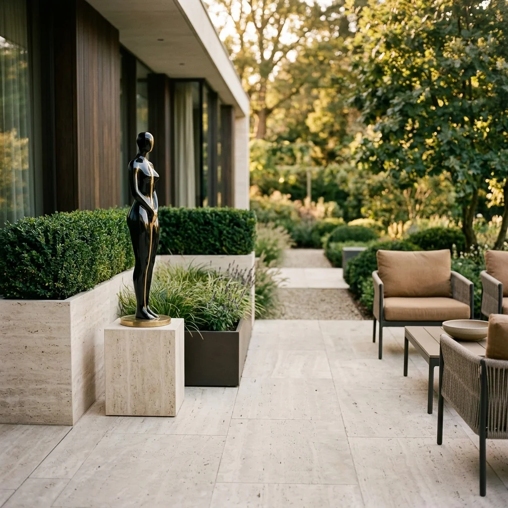 Glanzend zwart-gouden abstracte figuur sculptuur op een travertin sokkel tussen strak gesnoeide buxus op een minimalistisch terras — Fourdomus decoratie voor buiten.