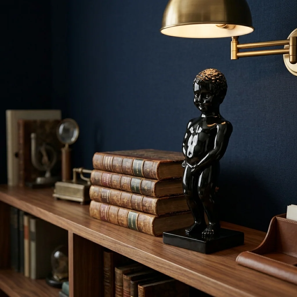 Glanzend zwart Manneken Pis beeld op een walnoten boekenplank naast een stapel gebonden boeken, onder een messing leeslamp — Fourdomus decoratie voor een thuiskantoor of studeerkamer.